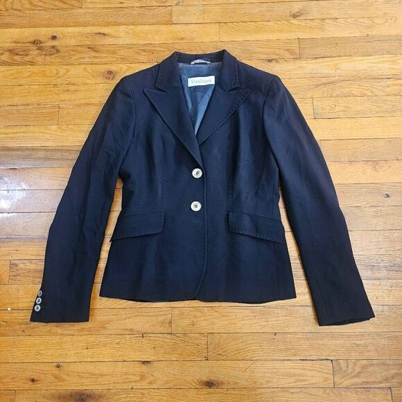 Max Mara Black Virgin Wool Two Button Blazer Coat Size 6 - Picture 1 of 7